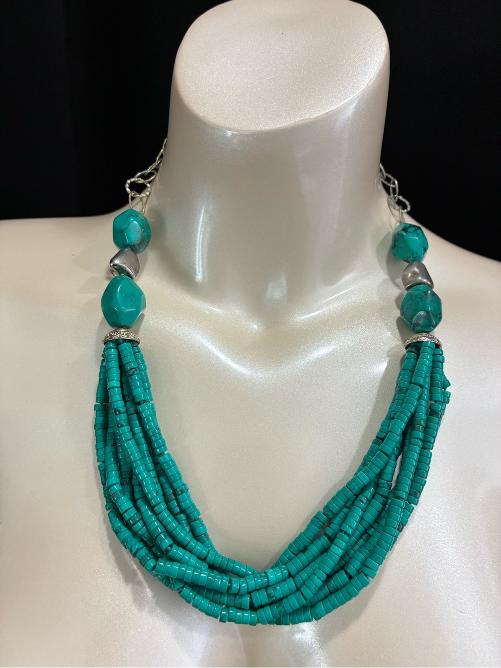 Faux Turquoise Beaded Multi-Strand Silver- Tone Chunky Statement Necklace EUC